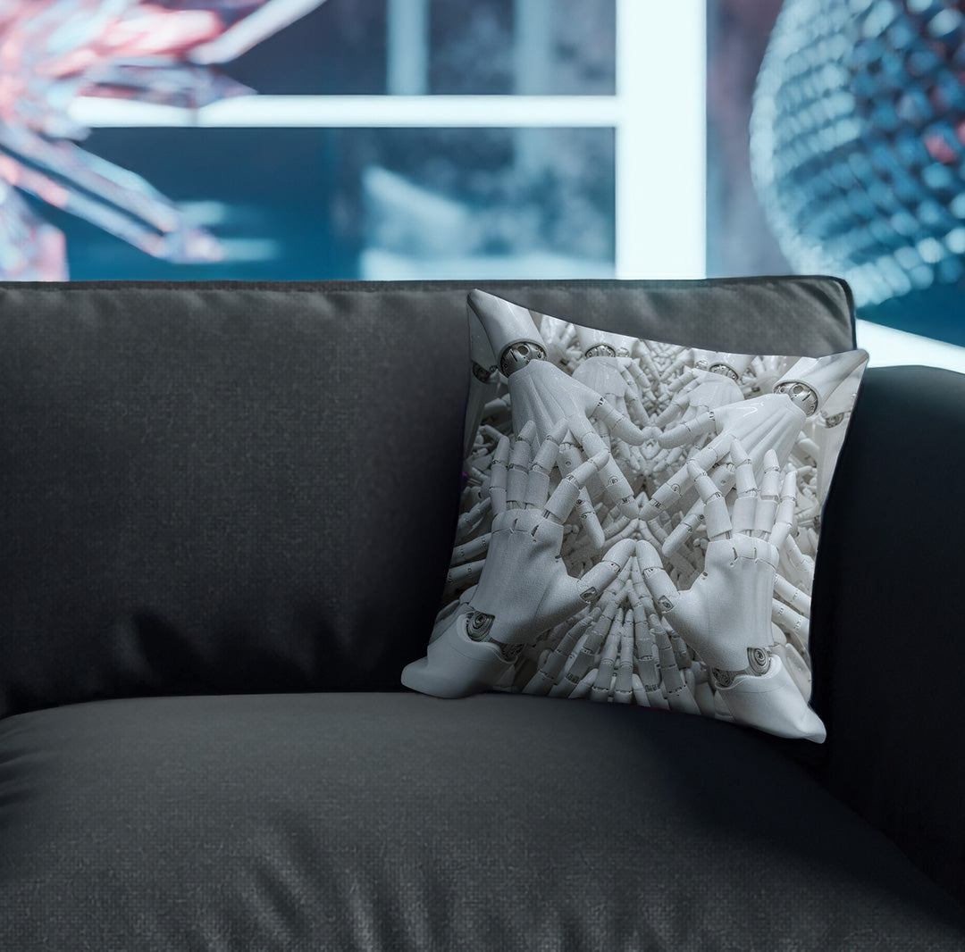 Pillow with stylized hands surrounded by intricate abstract artwork on couch
