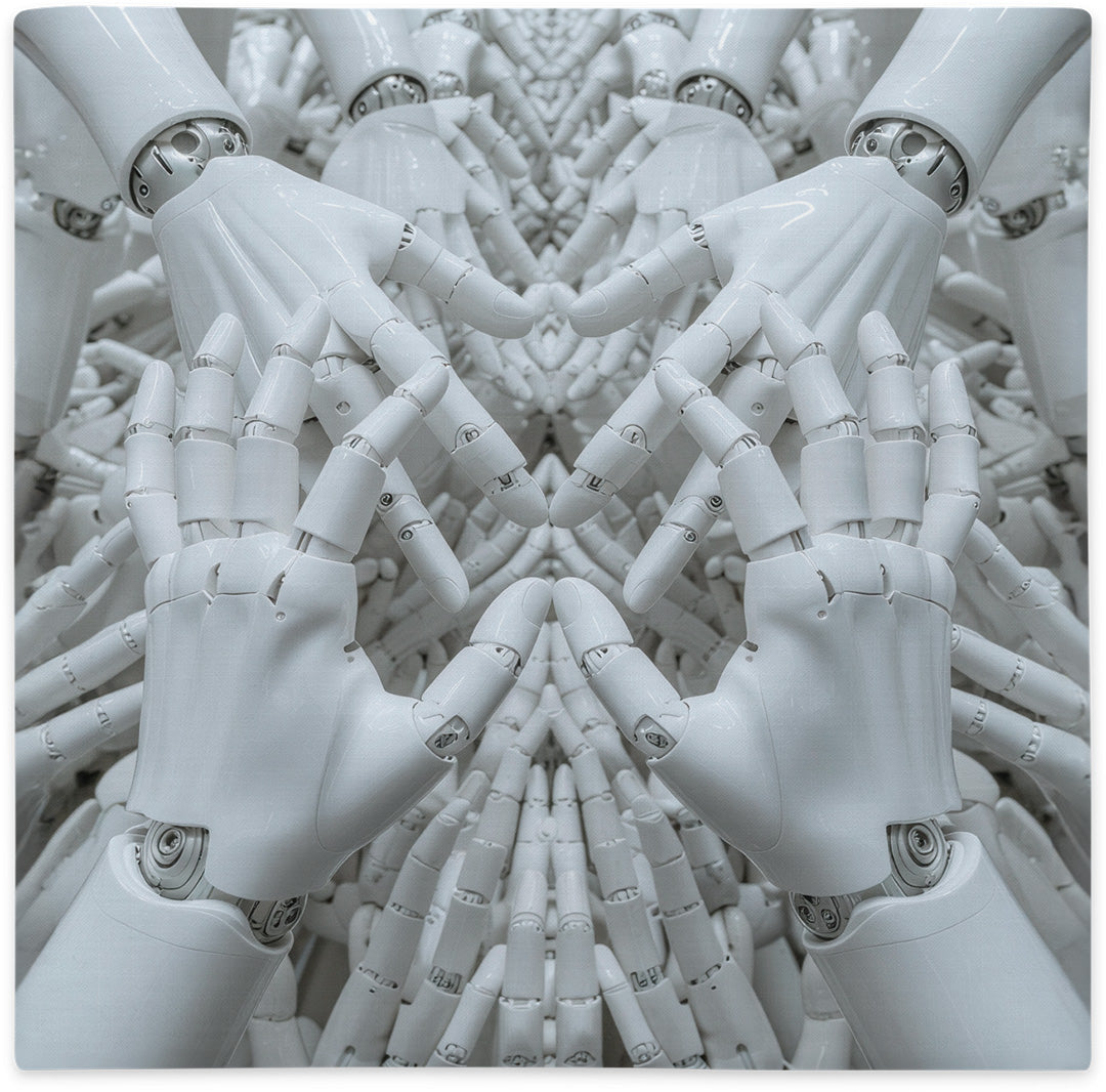 Pillow cover with stylized hands surrounded by intricate abstract artwork, flat lay