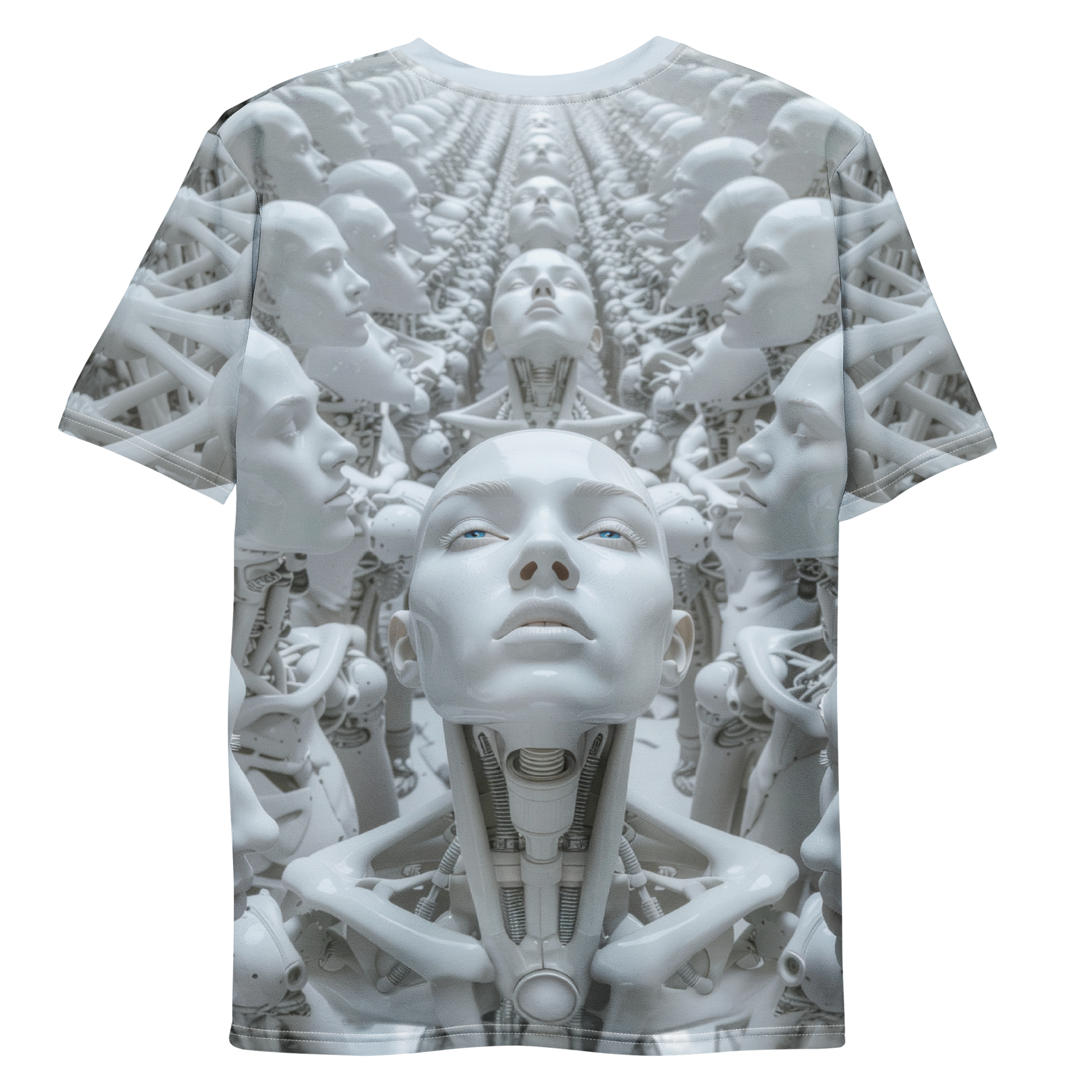 All-over print T-shirt with stylized figure surrounded by intricate abstract artwork, intricate abstract artwork on each sleeve, back flat lay