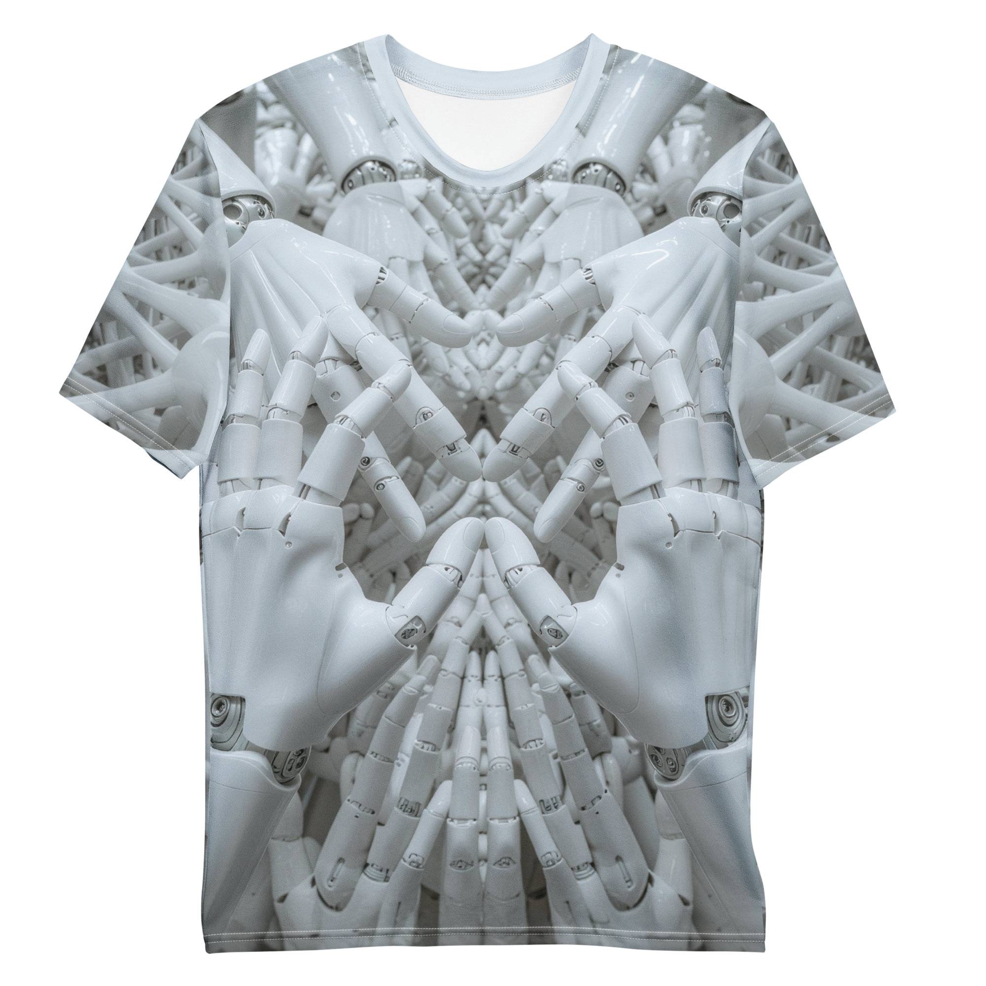 All-over print T-shirt with stylized hands surrounded by intricate abstract artwork, intricate abstract artwork on each sleeve, front flat lay