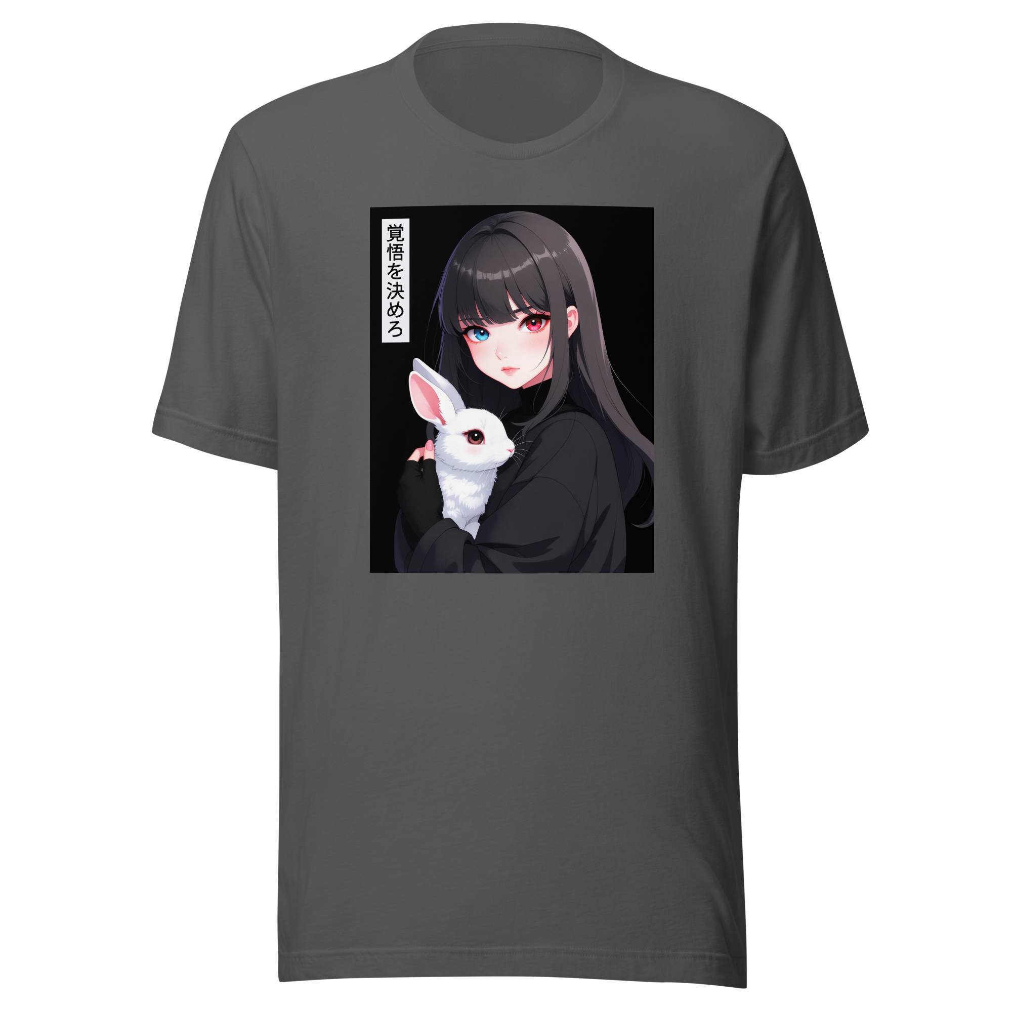 Asphalt tee, front, illustration of a girl wearing a hoodie, with one red eye and one blue eye, holding a rabbit, centered on upper chest