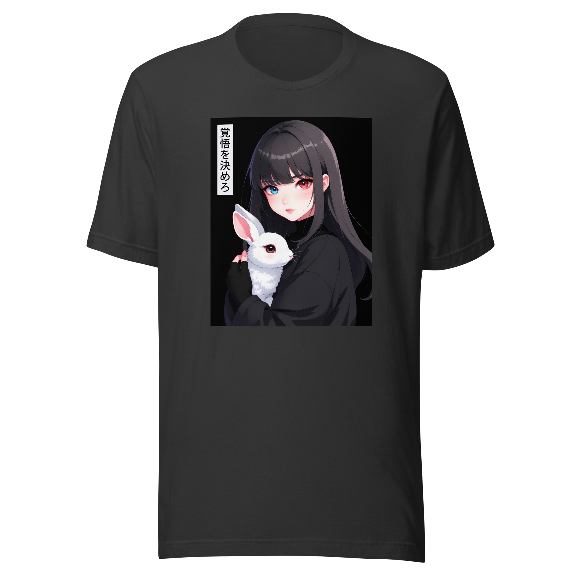 Dark grey tee, front, illustration of a girl wearing a hoodie, with one red eye and one blue eye, holding a rabbit, centered on upper chest