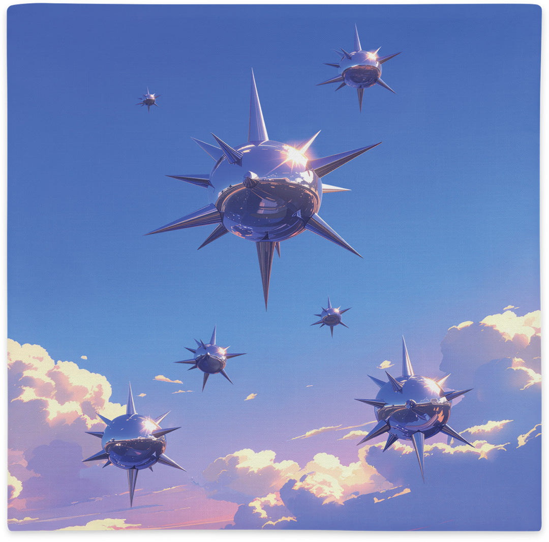 Pillow cover with chrome abstract spike objects, flat lay