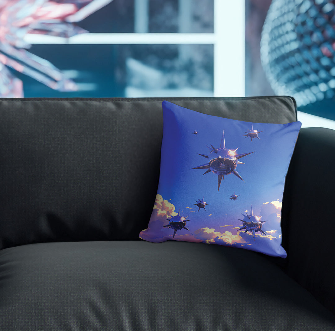 Pillow with chrome abstract spike objects on couch