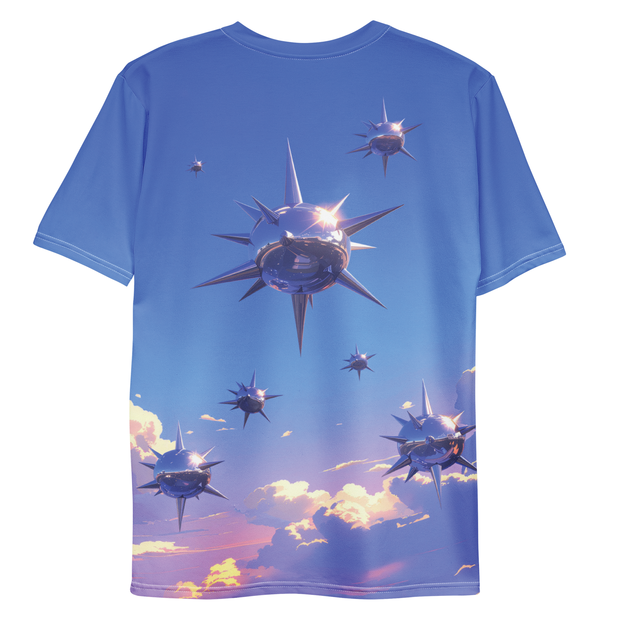 All-over print T-shirt with chrome abstract pattern, chrome abstract pattern on each sleeve, back flat lay