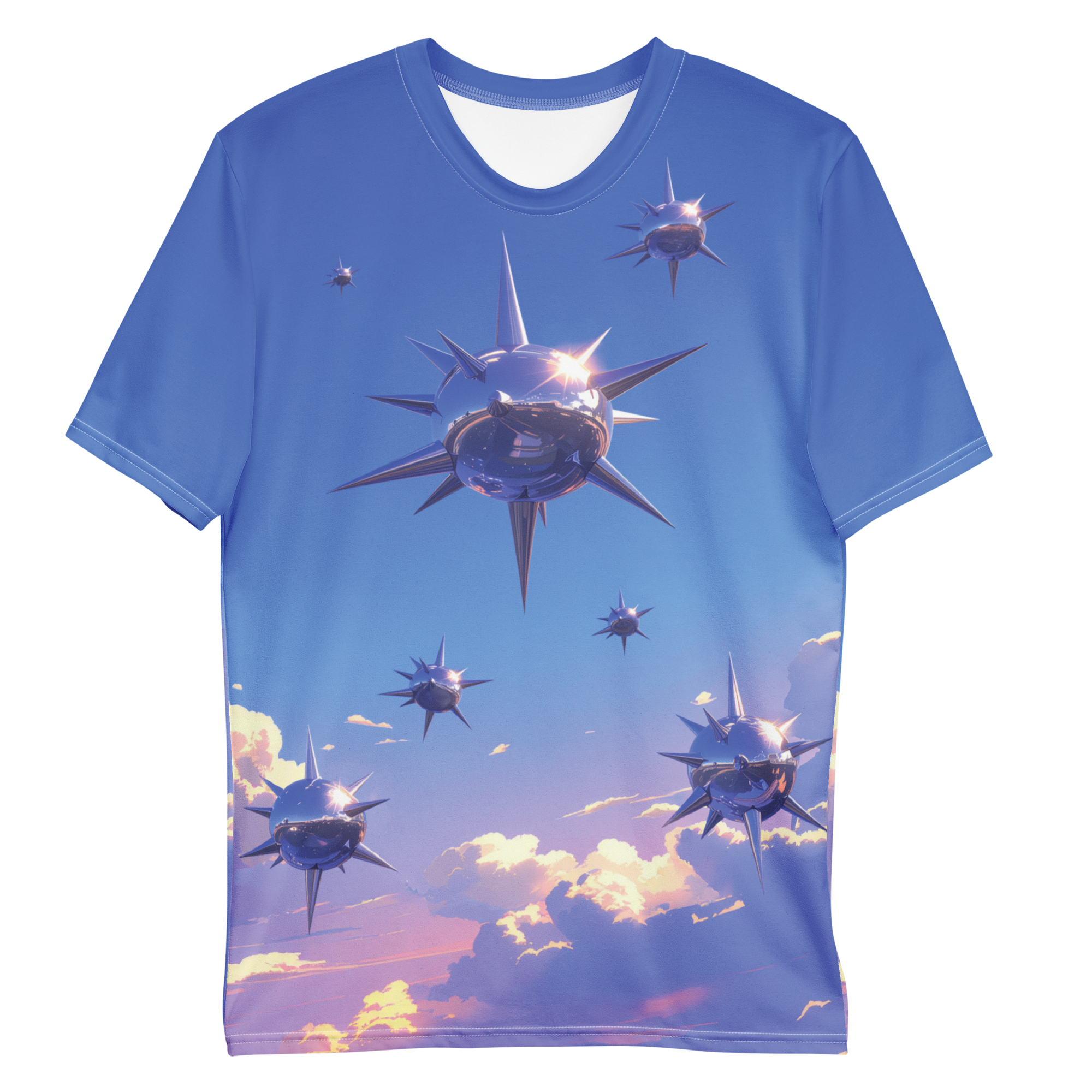 All-over print T-shirt with chrome abstract pattern, chrome abstract pattern on each sleeve, front flat lay