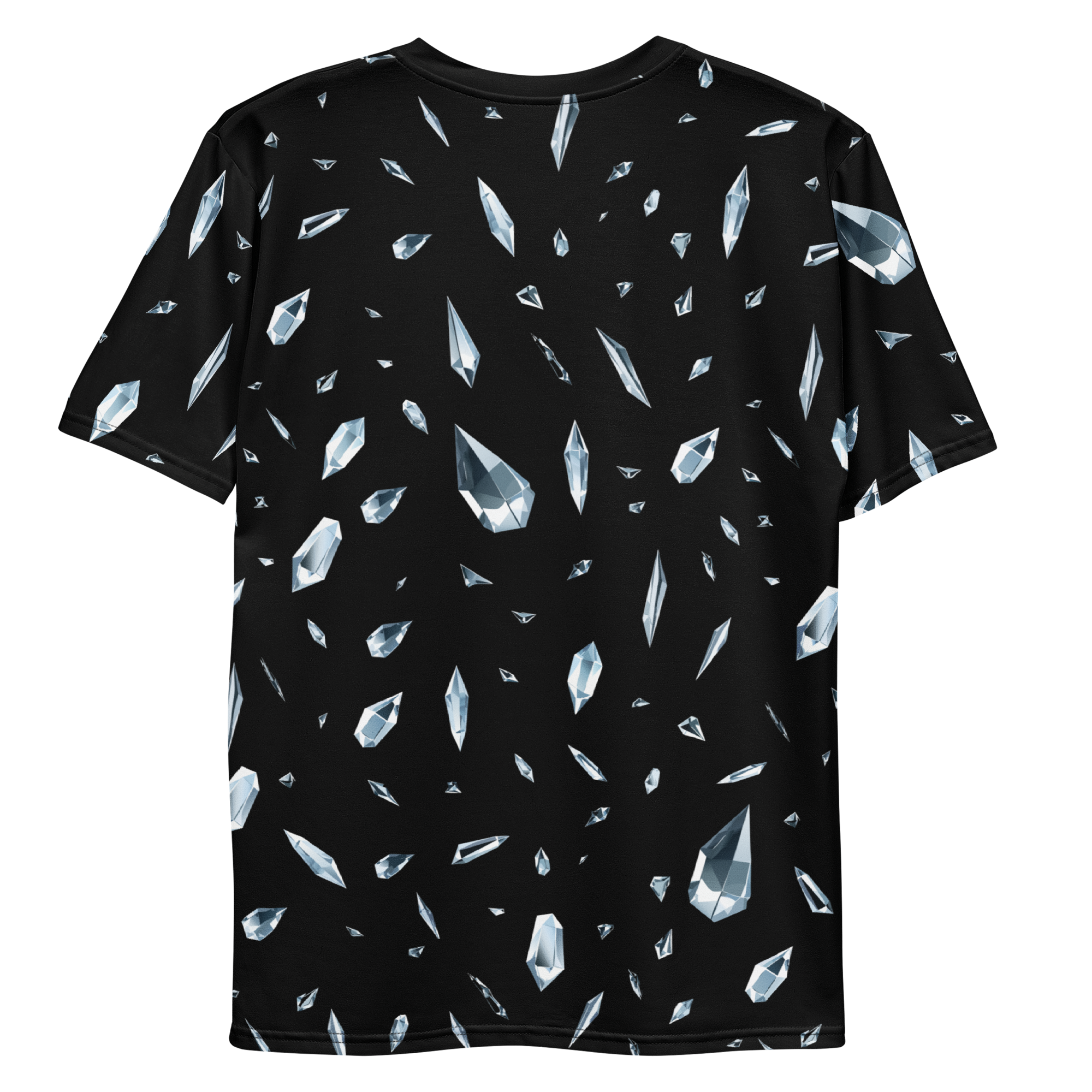 All-over print T-shirt with glass shards pattern, glass shards pattern on each sleeve, back flat lay