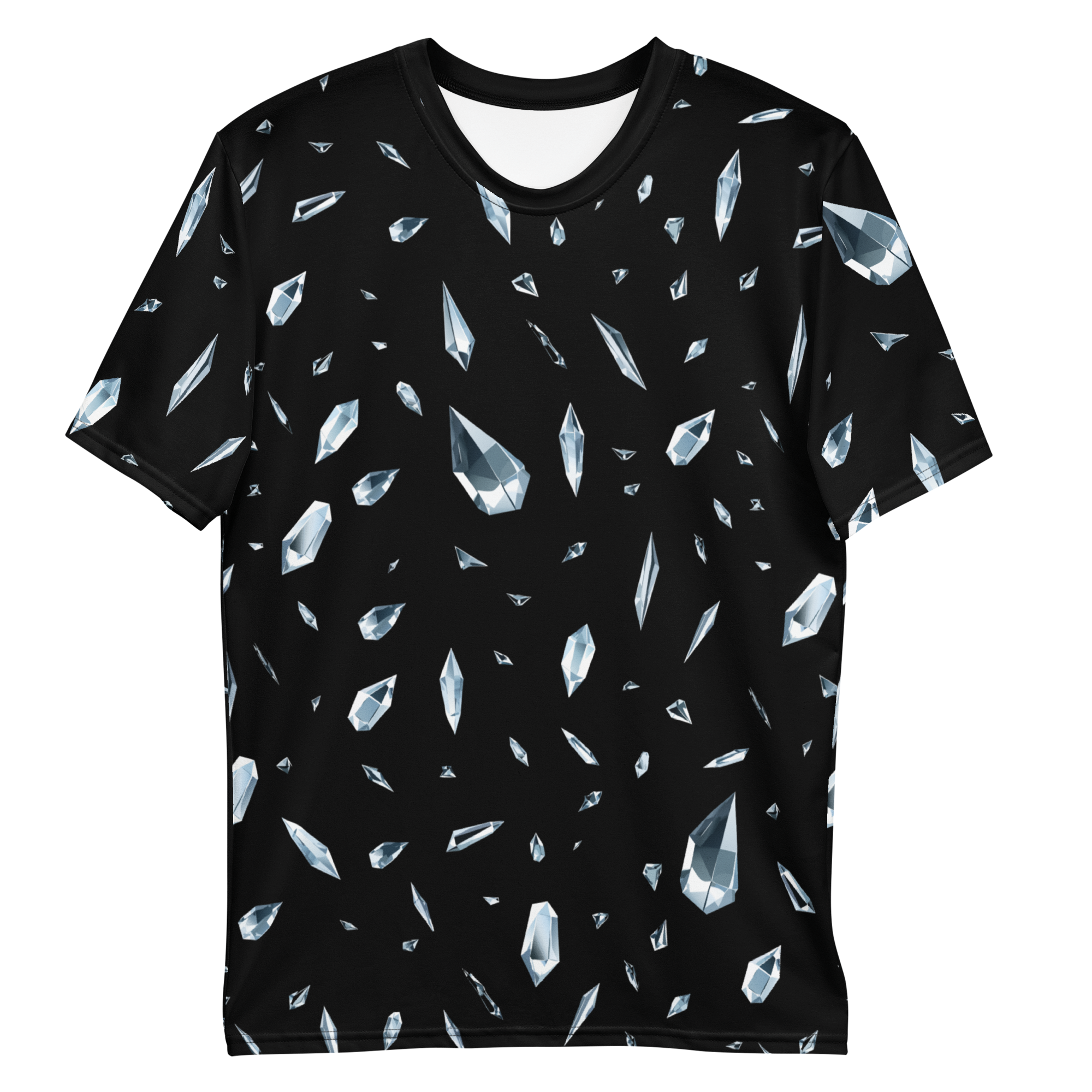 All-over print T-shirt with glass shards pattern, glass shards pattern on each sleeve, front flat lay