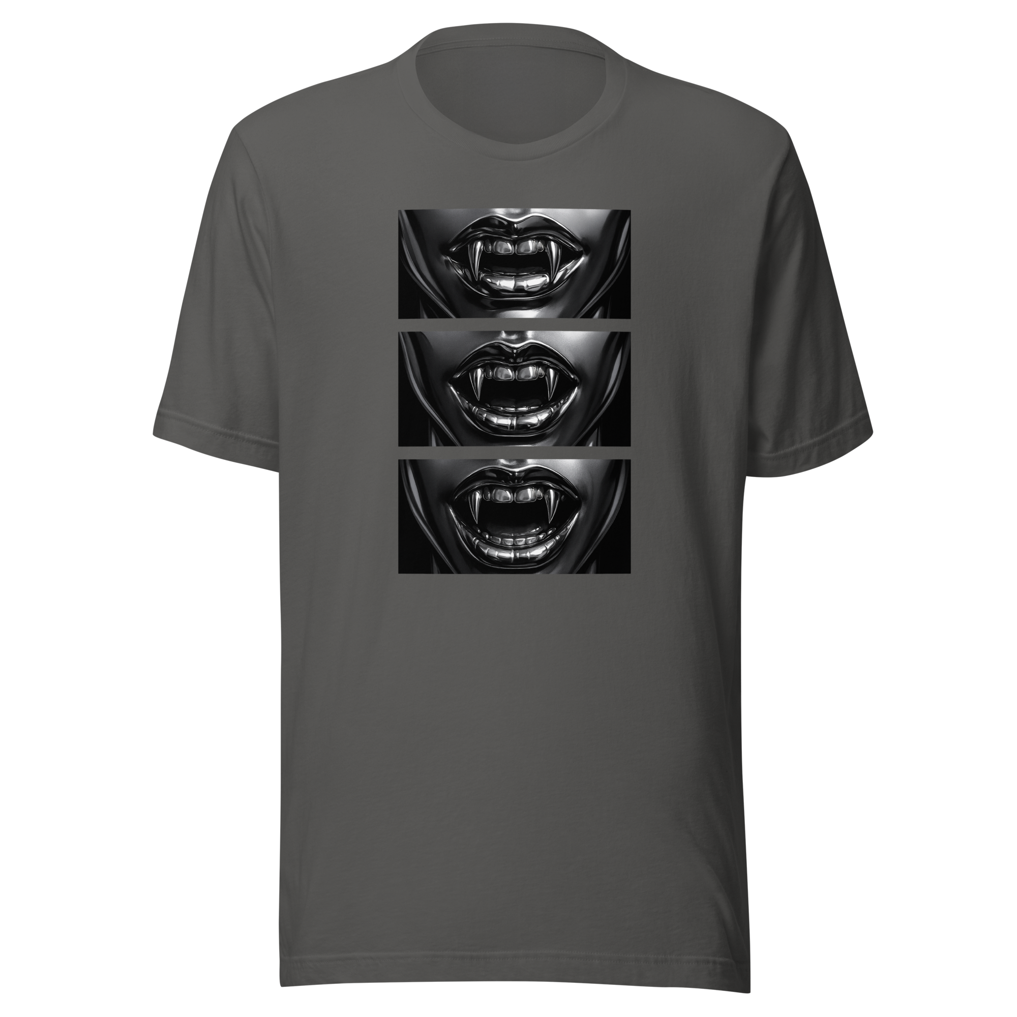 Asphalt tee, front, illustration of three rectangles, each containing a vampire mouth with sharp teeth, centered on upper chest