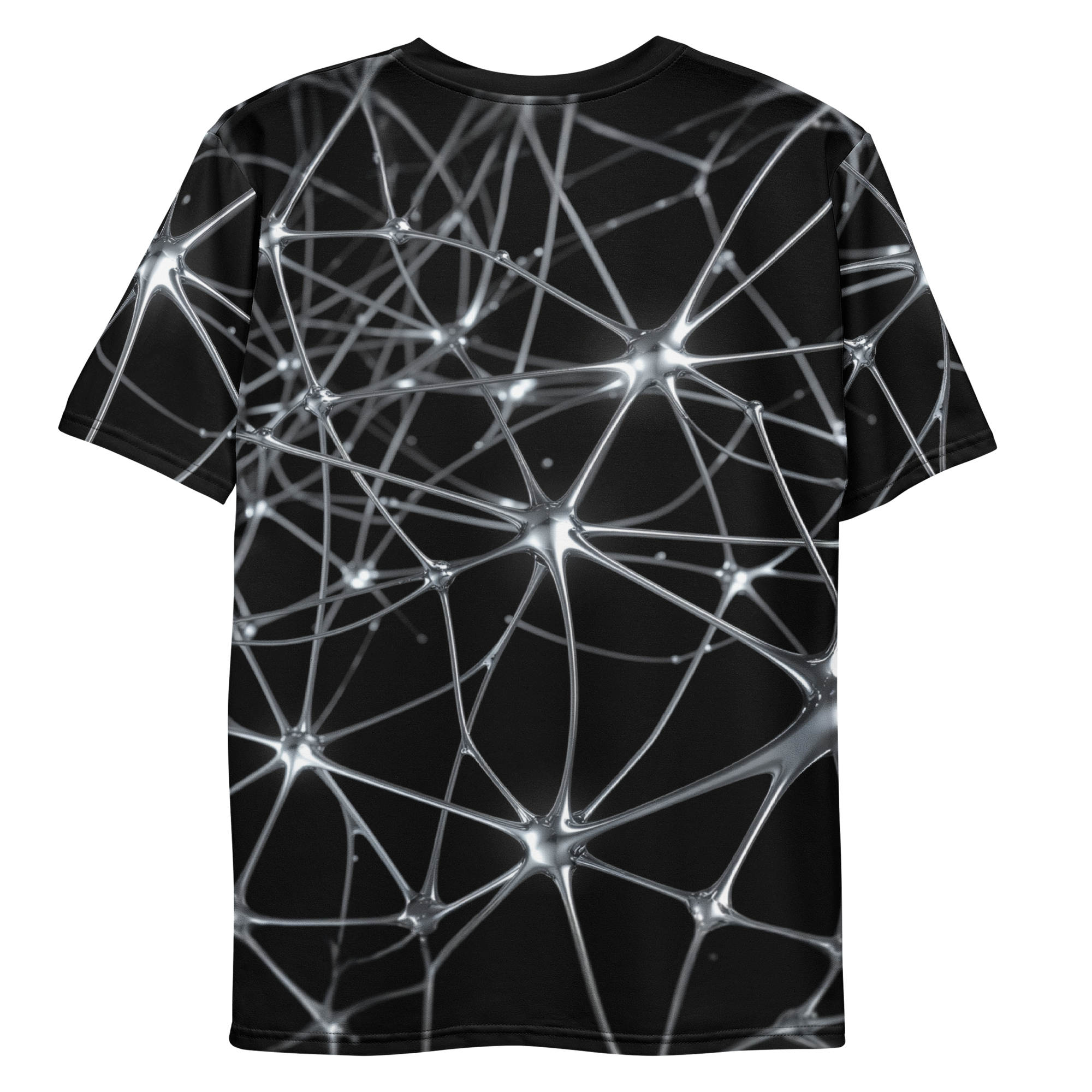 All-over print T-shirt with silver abstract pattern, silver abstract pattern on each sleeve, back flat lay