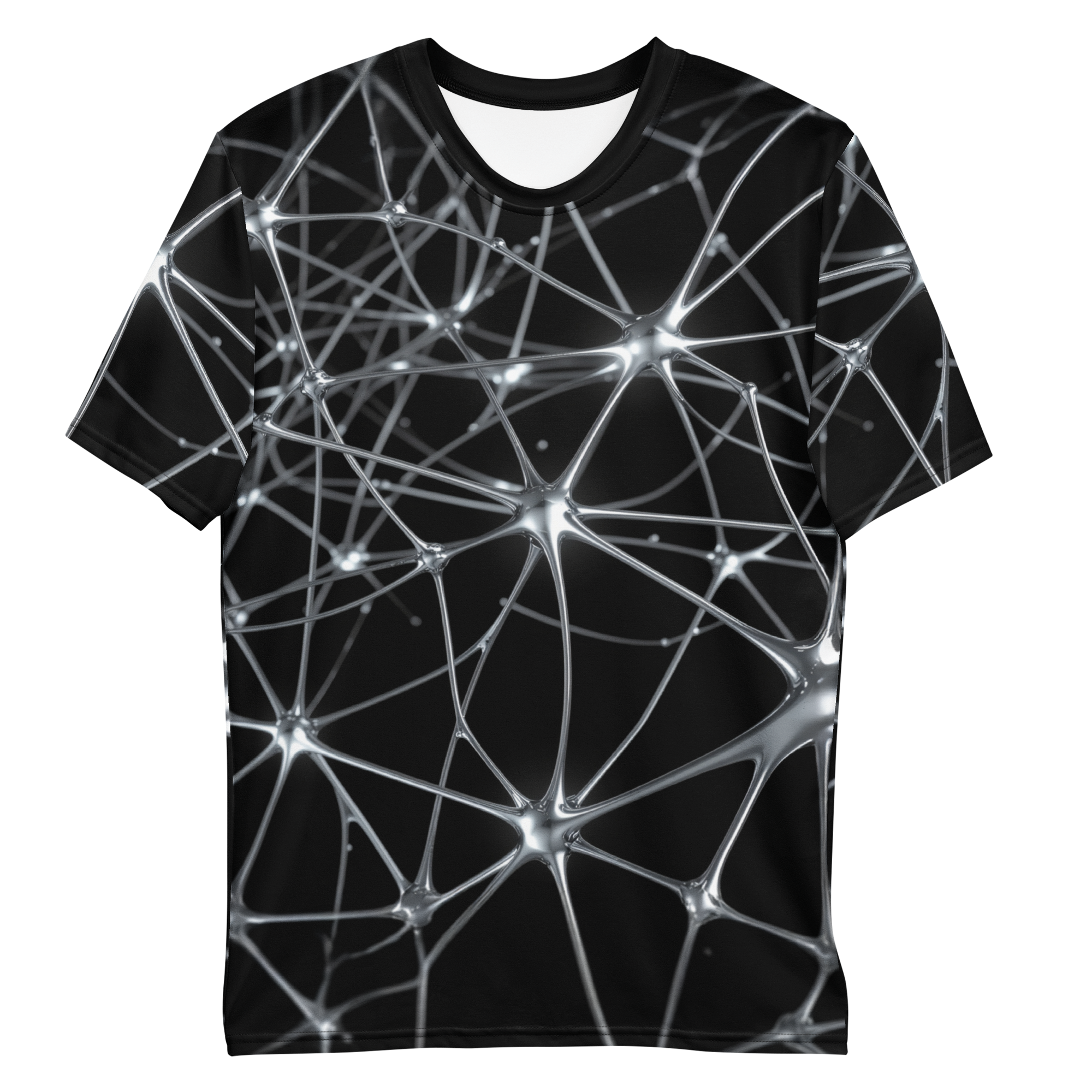 All-over print T-shirt with silver abstract pattern, silver abstract pattern on each sleeve, front flat lay