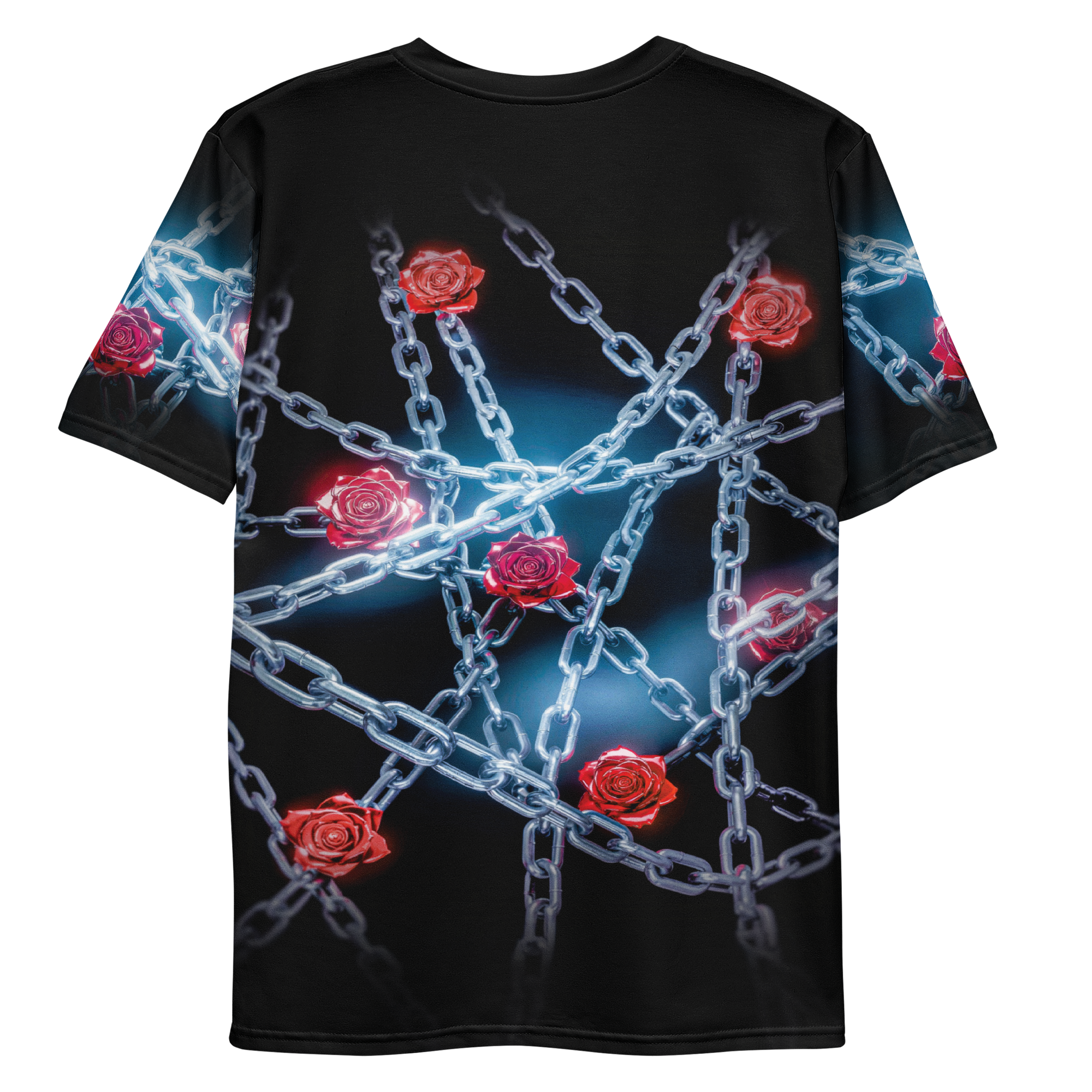 All-over print T-shirt with chain design and red roses, chain design and red roses on each sleeve, back flat lay