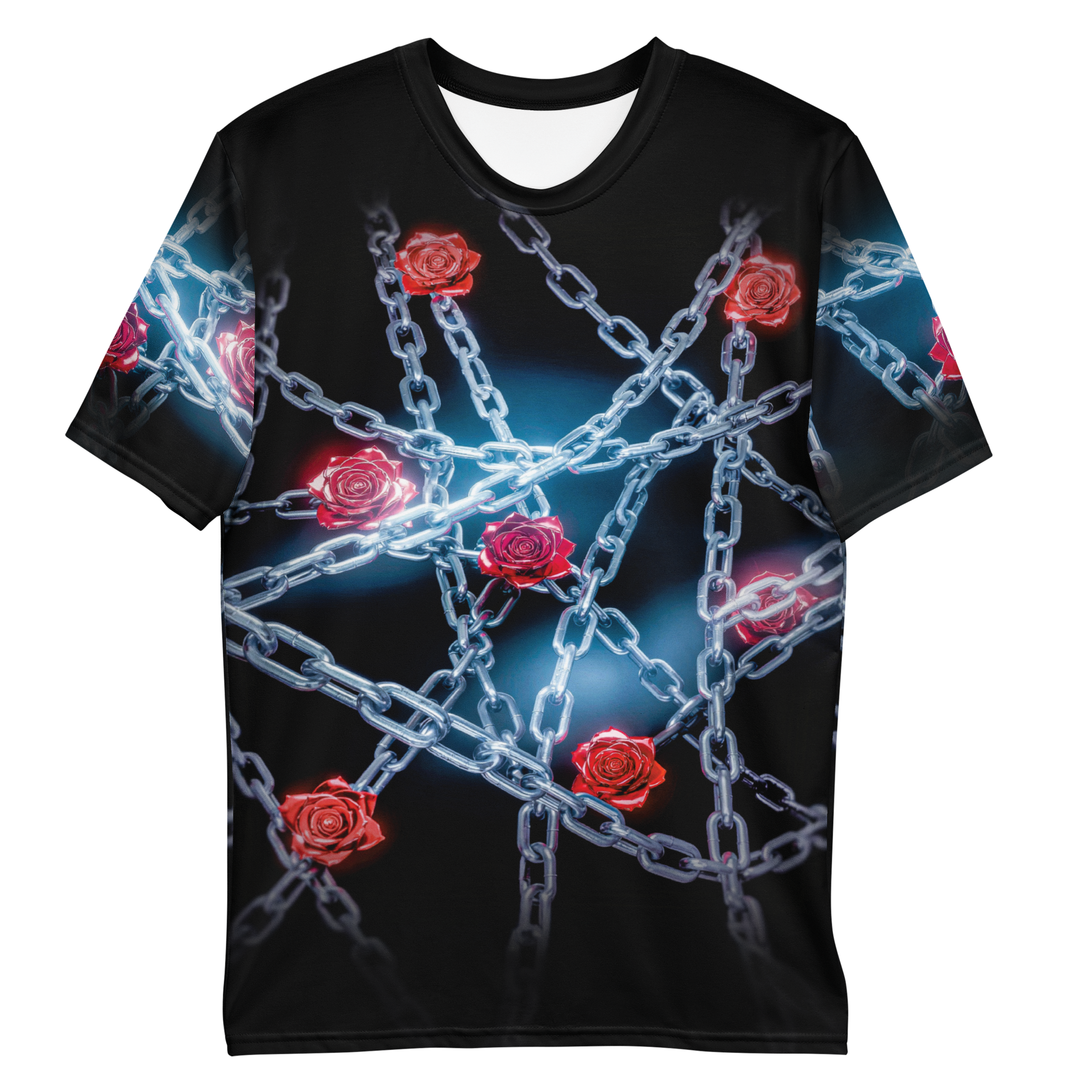 All-over print T-shirt with chain design and red roses, chain design and red roses on each sleeve, front flat lay