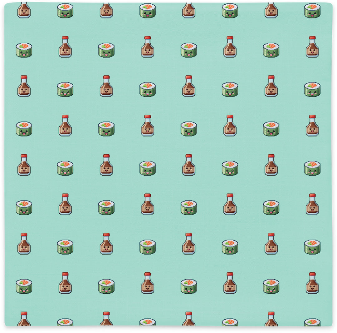 Pillow cover with sushi and soy sauce pattern, flat lay