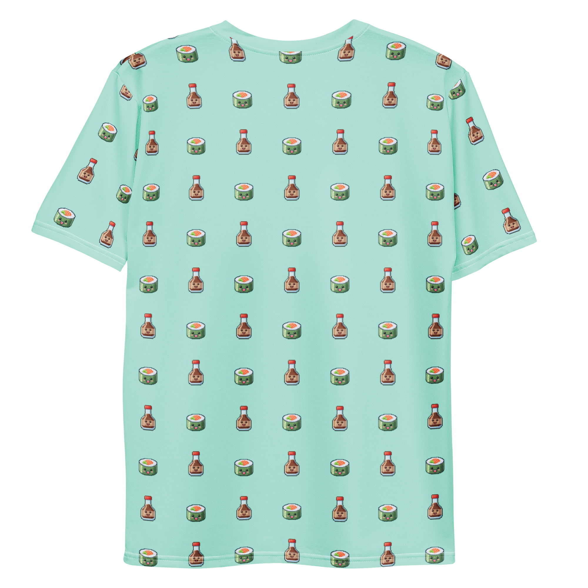 All-over print T-shirt with sushi and soy sauce pattern, sushi and soy sauce pattern on each sleeve, back flat lay