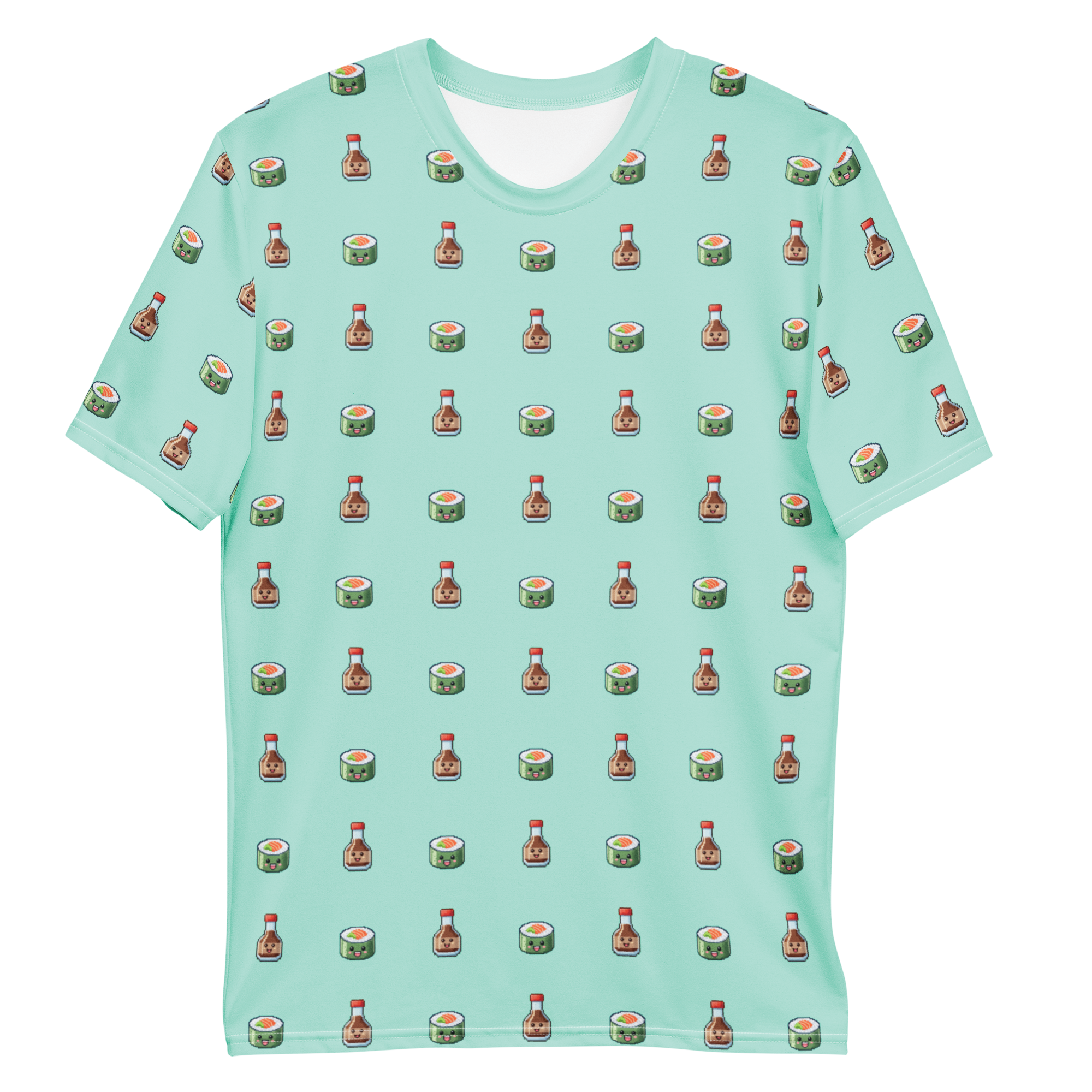 All-over print T-shirt with sushi and soy sauce pattern, sushi and soy sauce pattern on each sleeve, front flat lay