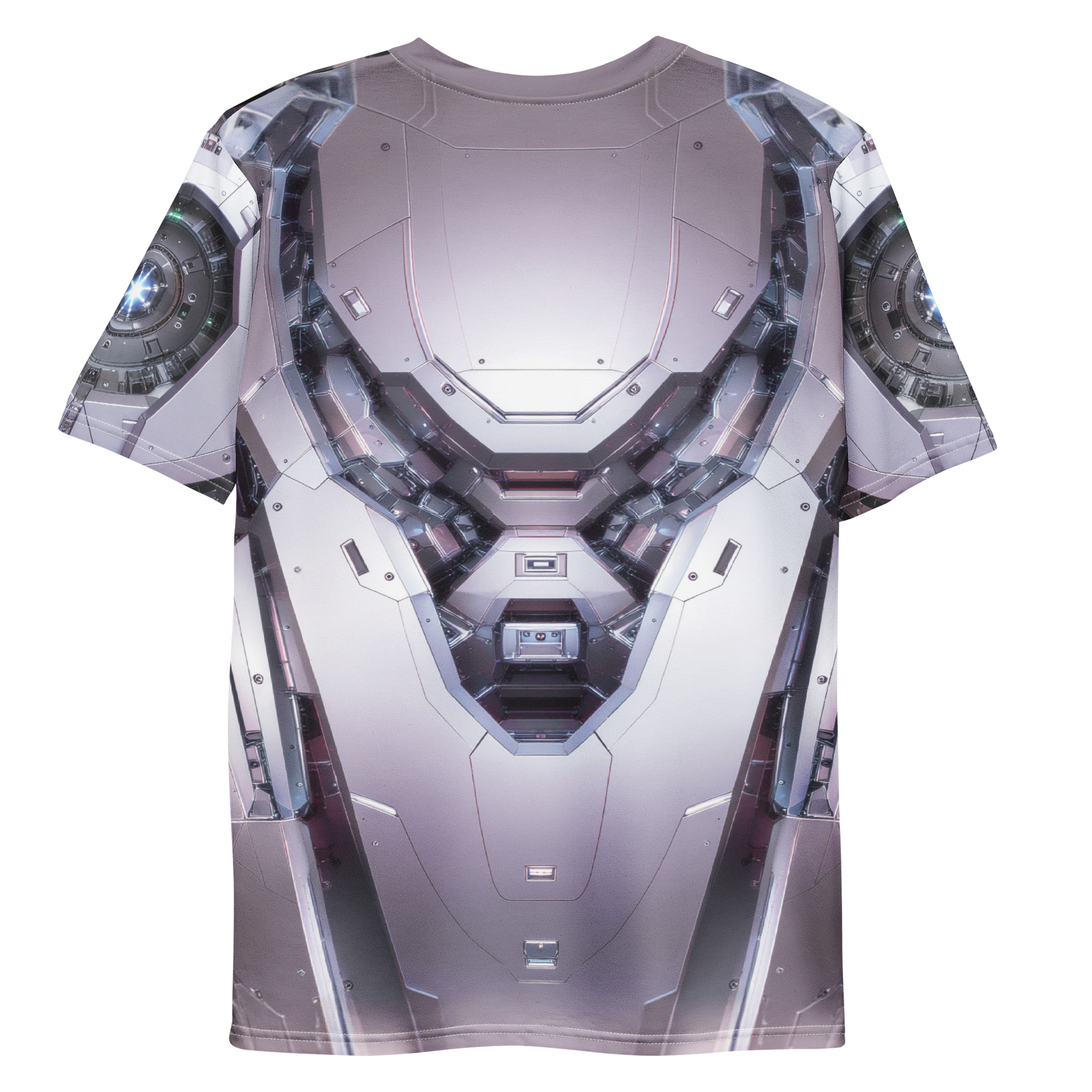 All-over print T-shirt with futuristic design, futuristic design on each sleeve, back flat lay
