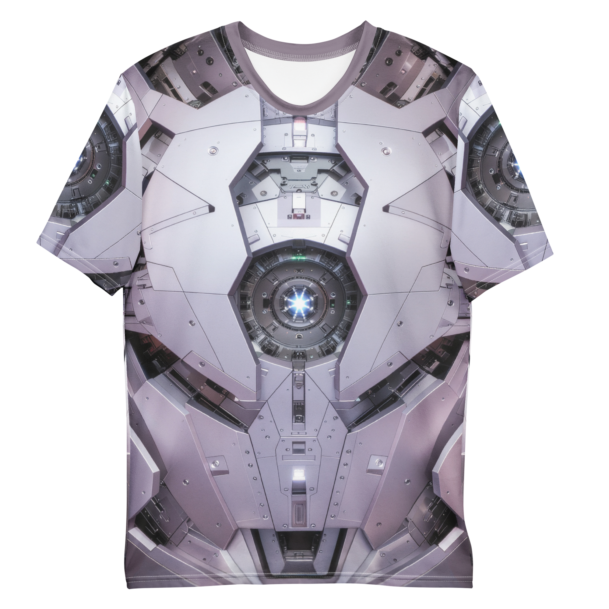 All-over print T-shirt with futuristic design, futuristic design on each sleeve, front flat lay