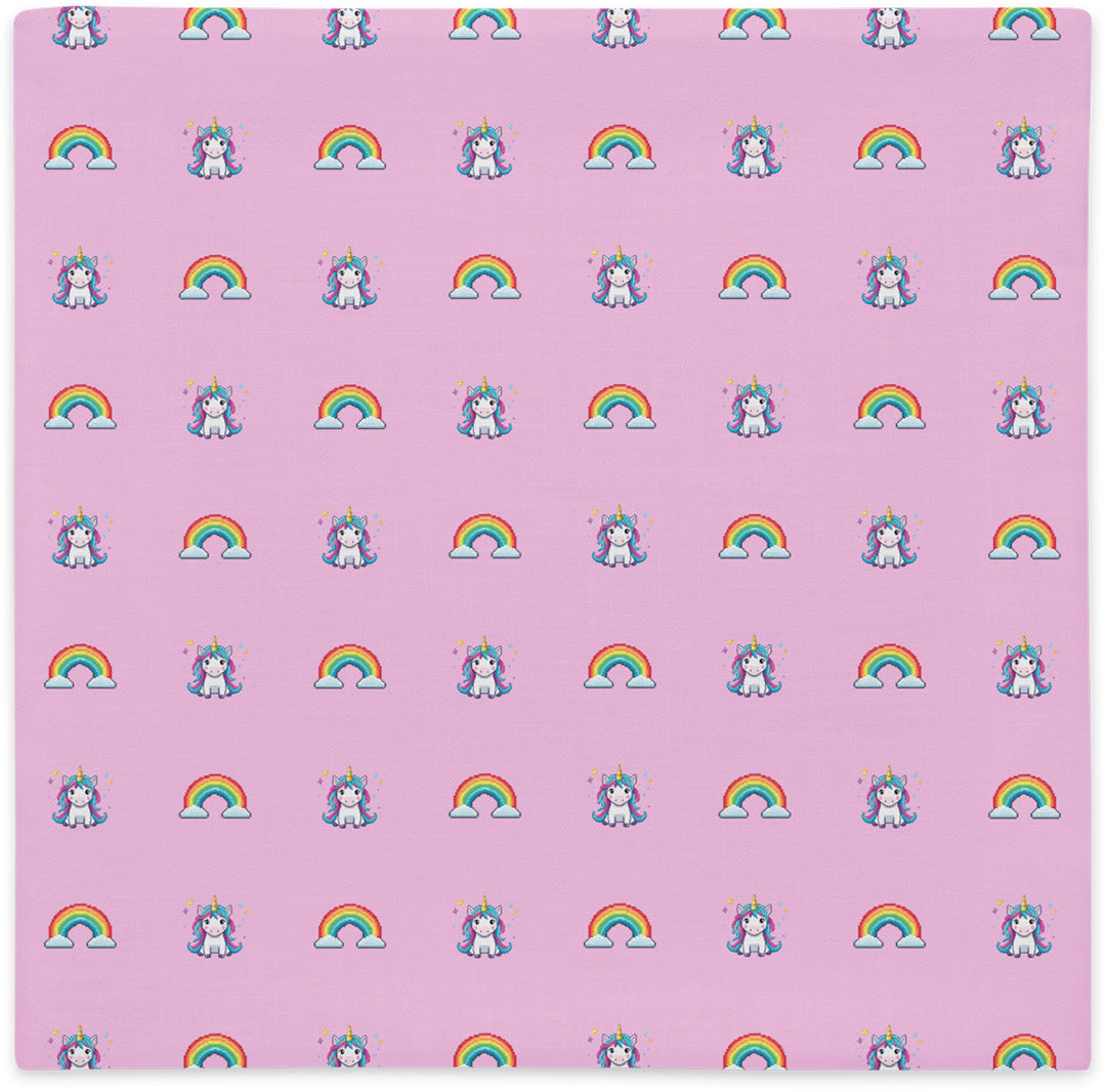 Pillow cover with unicorns and rainbows pattern, flat lay