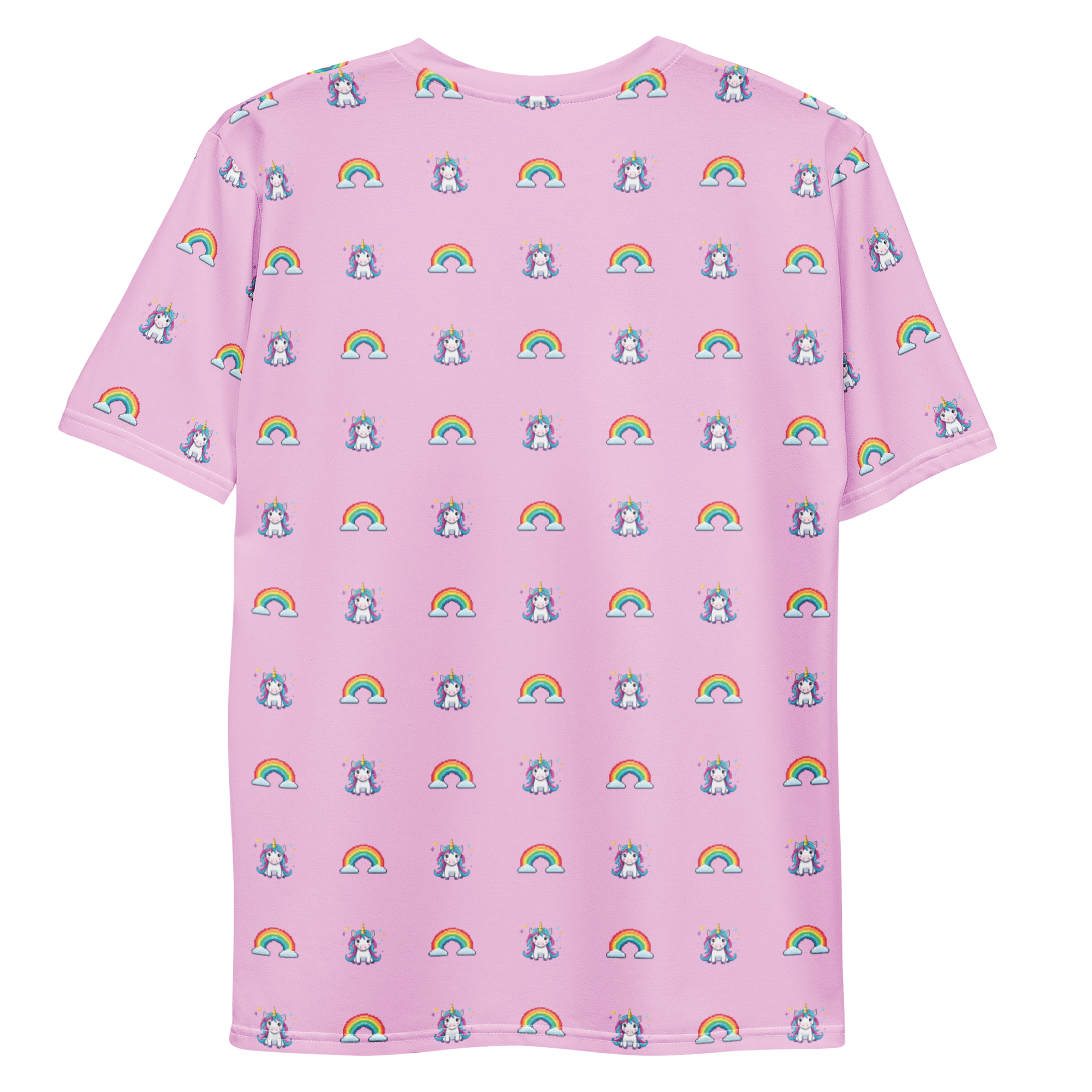 All-over print T-shirt with unicorns and rainbows pattern, unicorns and rainbows pattern on each sleeve, back flat lay