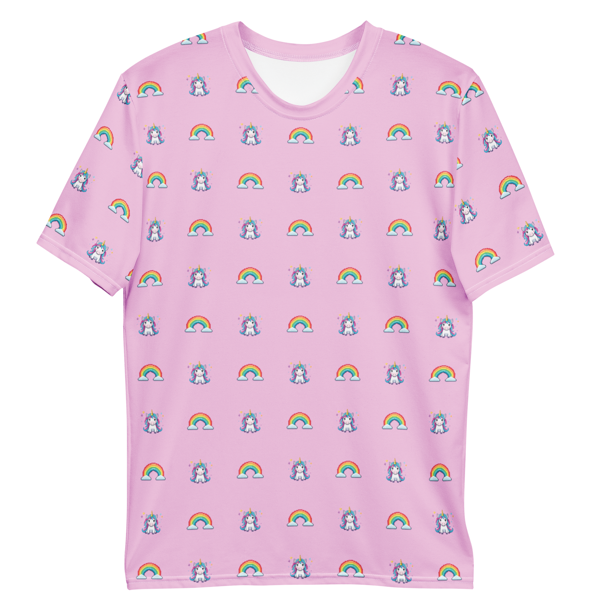 All-over print T-shirt with unicorns and rainbows pattern, unicorns and rainbows pattern on each sleeve, front flat lay