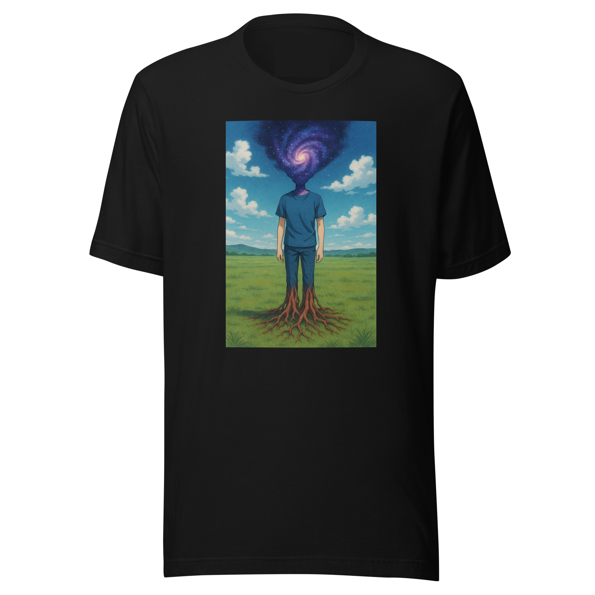Black tee, front, iIllustration of a person standing in a grassy field, with their head depicted as outer space and their legs turning into tree roots, centered on upper chest