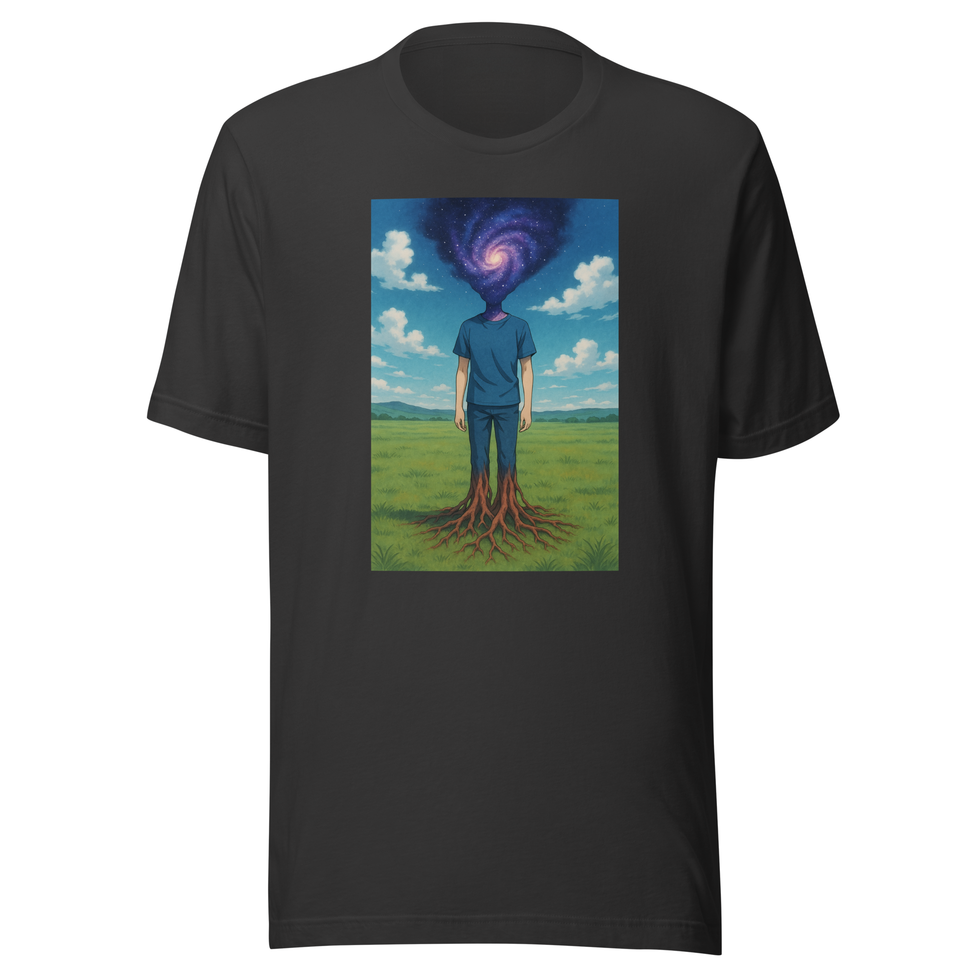 Dark grey tee, front, iIllustration of a person standing in a grassy field, with their head depicted as outer space and their legs turning into tree roots, centered on upper chest