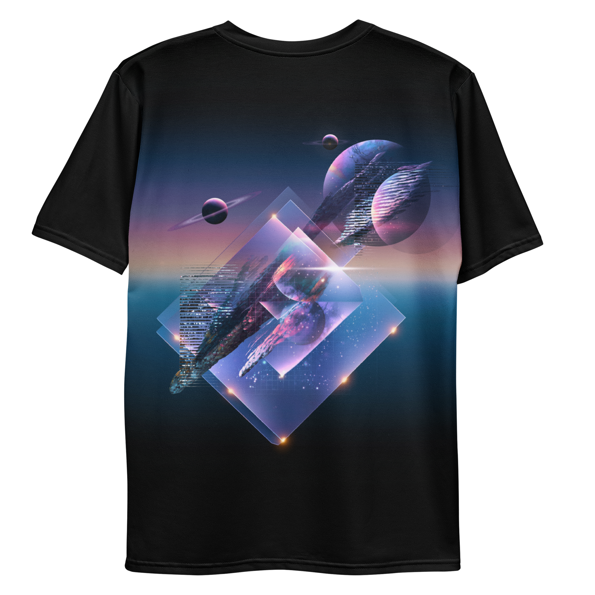 All-over print T-shirt with surreal futuristic abstract artwork with floating shapes and glowing light in a digital space, black color on each sleeve, back flat lay