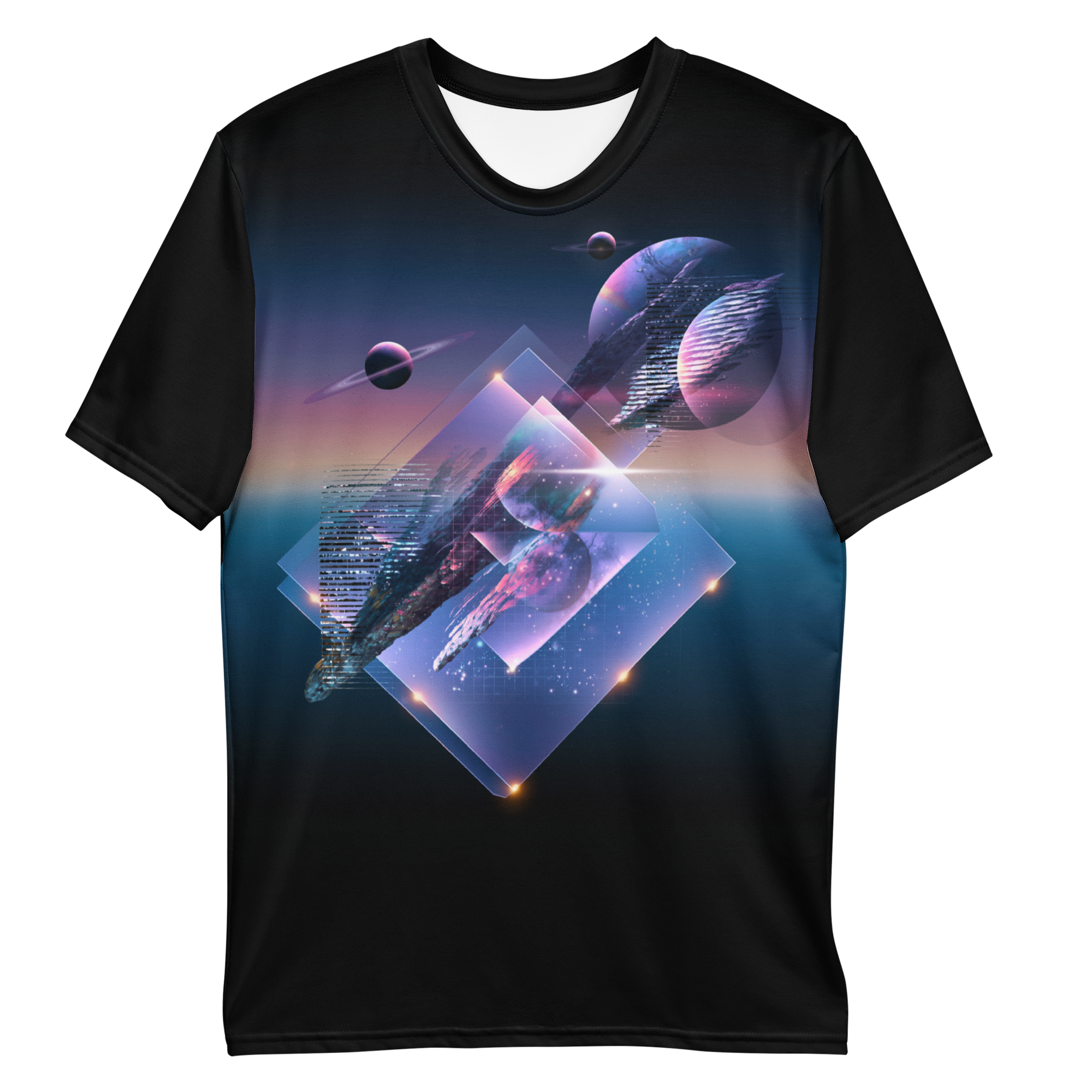 All-over print T-shirt with surreal futuristic abstract artwork with floating shapes and glowing light in a digital space, black color on each sleeve, front flat lay