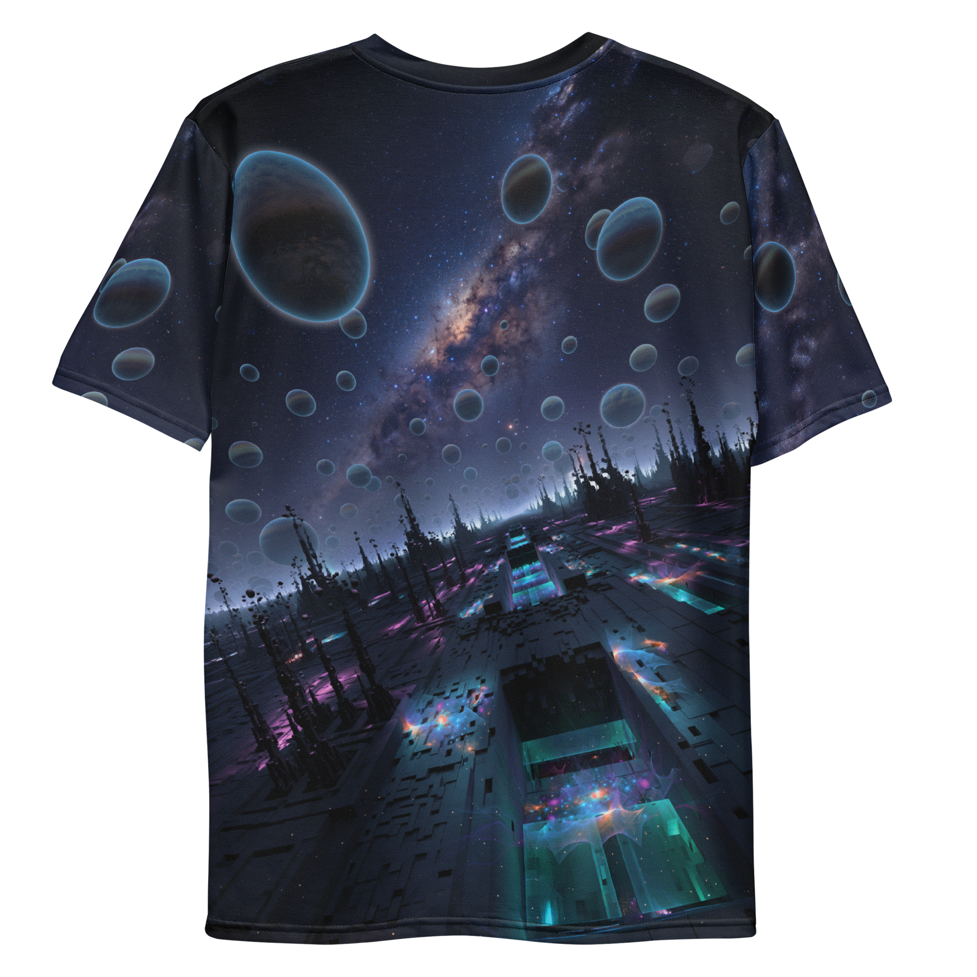 All-over print T-shirt with surreal futuristic abstract artwork with floating shapes and glowing light in a digital space, abstract design on each sleeve, back flat lay