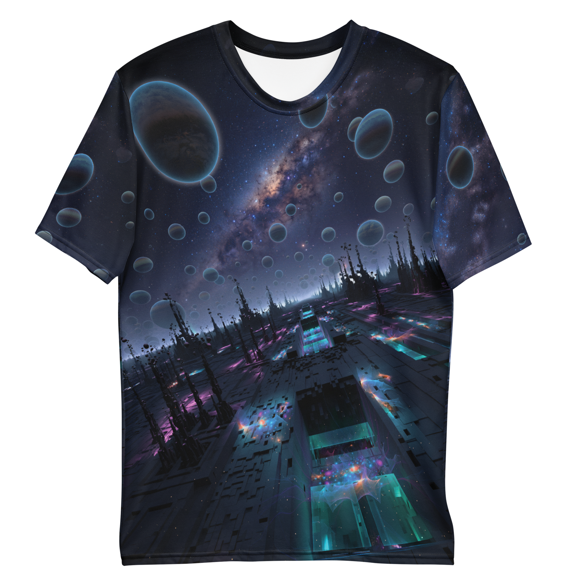 All-over print T-shirt with surreal futuristic abstract artwork with floating shapes and glowing light in a digital space, abstract design on each sleeve, front flat lay